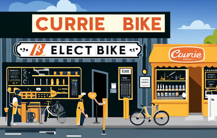 An image showcasing a bustling bike repair shop with skilled mechanics meticulously fixing a sleek, black Currie electric bike