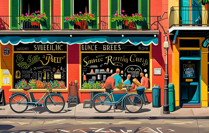 An image showcasing a bustling bike repair shop in New Orleans, with skilled technicians meticulously fixing hover electric bikes amidst a backdrop of vibrant graffiti, palm trees, and the iconic streetcars passing by