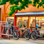 An image showcasing a bustling outdoor store with rows of neatly displayed Schwinn bike trailers