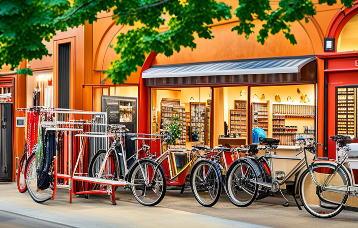 An image showcasing a bustling outdoor store with rows of neatly displayed Schwinn bike trailers