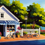 An image that showcases an enchanting coastal landscape of Massachusetts, capturing a bustling bike rental shop nestled amidst picturesque surroundings