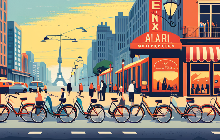 An image showcasing a bustling cityscape with a row of vibrant electric bikes lined up in front of a trendy rental shop, enticing visitors with its eye-catching signage and inviting atmosphere