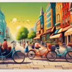 An image showcasing a vibrant cityscape with a bustling rental shop, adorned with colorful electric bikes in various sizes and styles, surrounded by enthusiastic riders exploring scenic paths and parks