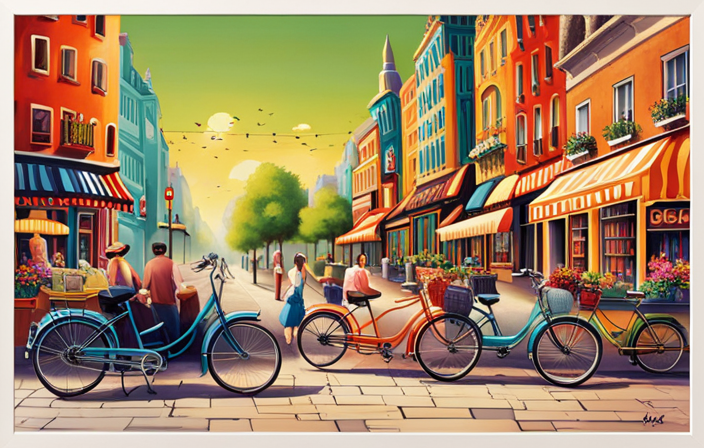 An image showcasing a vibrant cityscape with a bustling rental shop, adorned with colorful electric bikes in various sizes and styles, surrounded by enthusiastic riders exploring scenic paths and parks