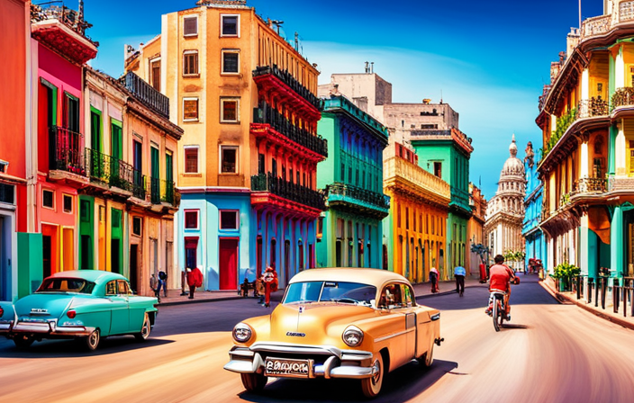 An image showcasing the vibrant streets of Havana, Cuba, with a backdrop of colorful buildings, vintage cars, and locals effortlessly gliding through on electric bikes, highlighting the city's eco-friendly transportation options