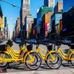 An image showcasing the vibrant streets of New York City with a row of sleek and colorful electric bikes lined up in front of a bike rental shop, inviting readers to explore the city on two wheels