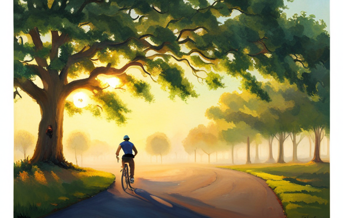 An image capturing the serenity of a lone cyclist pedaling on a gravel path, surrounded by lush greenery and towering oak trees, in the sun-drenched San Fernando Valley