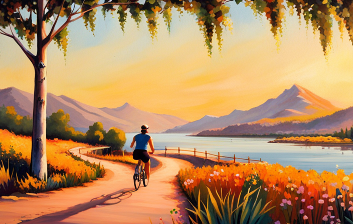 An image capturing the rugged beauty of San Diego's diverse terrain: a gravel bike gliding through golden fields, winding along dusty mountain trails, and crossing picturesque bridges against a backdrop of rolling hills and sparkling lakes