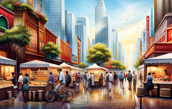 An image showcasing a bustling urban marketplace, with a variety of vibrant stalls and a designated section highlighting electric bikes