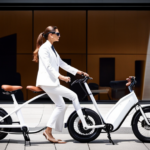 An image showcasing a sleek, modern living room with large windows, where a smiling person confidently showcases their gently used Gi Fly electric bike to interested buyers, emphasizing convenience and style