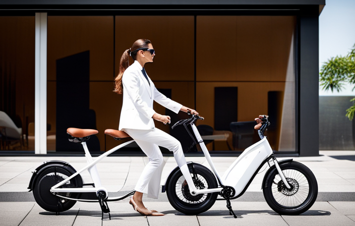 An image showcasing a sleek, modern living room with large windows, where a smiling person confidently showcases their gently used Gi Fly electric bike to interested buyers, emphasizing convenience and style