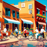 An image showcasing a bustling marketplace scene with vibrant colors, where diverse individuals interact and engage in lively conversations while examining and test-riding electric bikes of various models, highlighting the array of options available for selling your electric bike