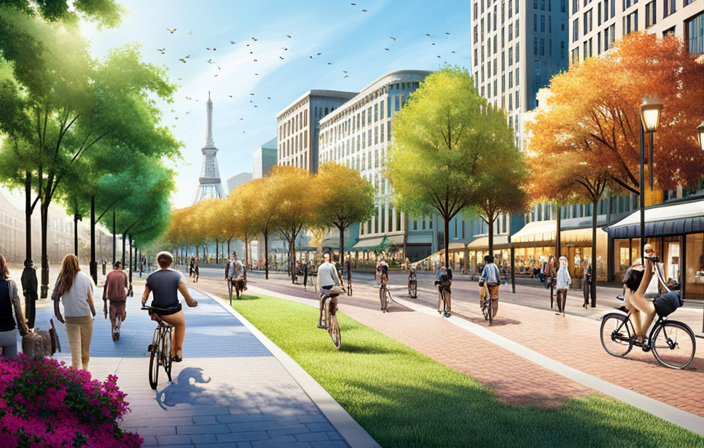 An image showcasing a vibrant city street, lined with bike lanes winding through bustling neighborhoods