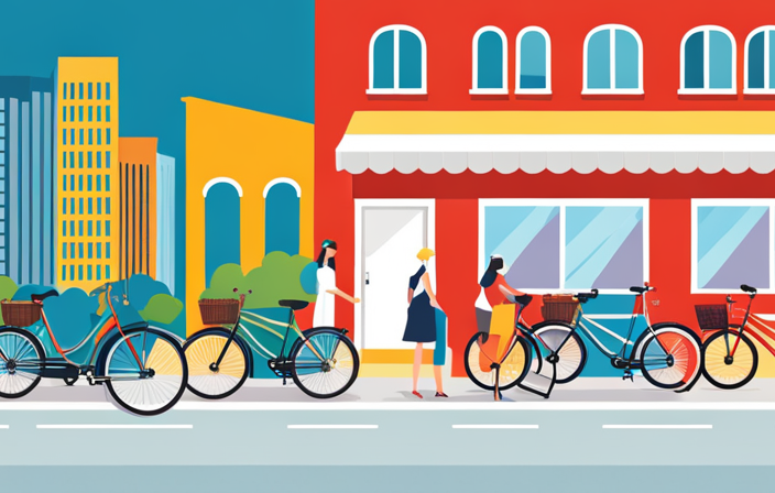 An image capturing the vibrant cityscape with a bike rental shop nestled amidst bustling streets