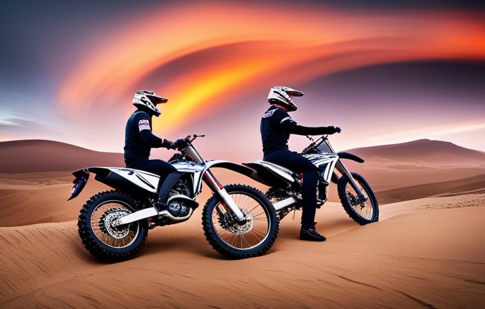 An image showcasing two dirt bikes side by side, one a sleek 250cc model and the other a powerful 450cc variant, both featuring prominent electric start buttons