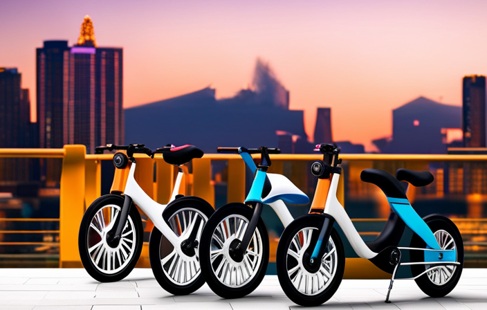 An image showcasing a diverse range of sleek, futuristic electric bikes lined up against a vibrant city backdrop