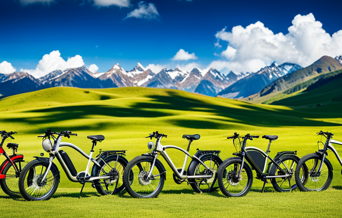 An image showcasing a diverse range of electric bikes lined up against a backdrop of lush green mountains