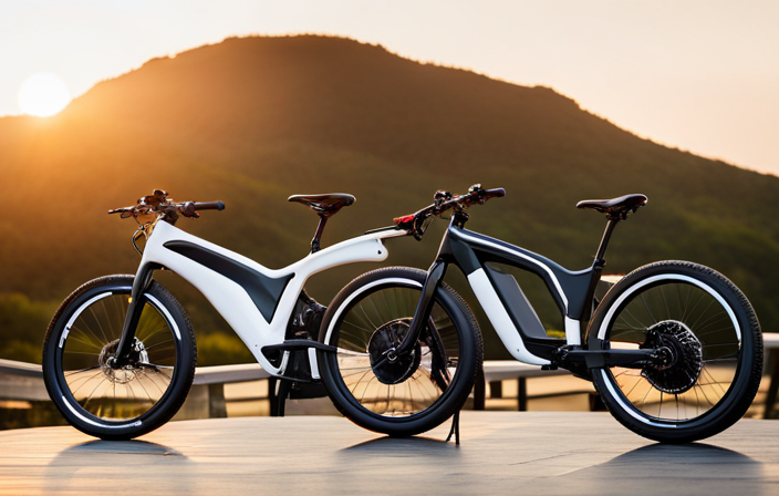 An image showcasing a diverse range of electric bike brands, each with distinct features and innovative designs, displayed against a backdrop of scenic landscapes