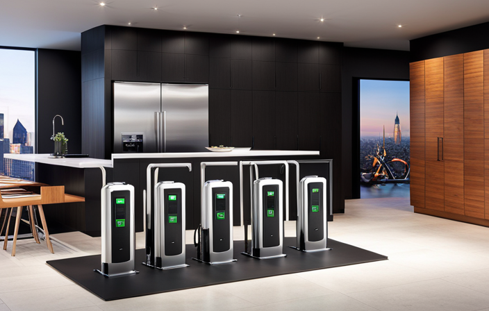 An image displaying multiple electric bike chargers arranged neatly on a sleek, modern countertop