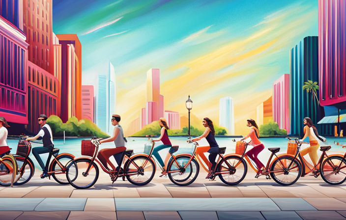 An image showcasing a vibrant city street, lined with sleek electric bikes from various companies