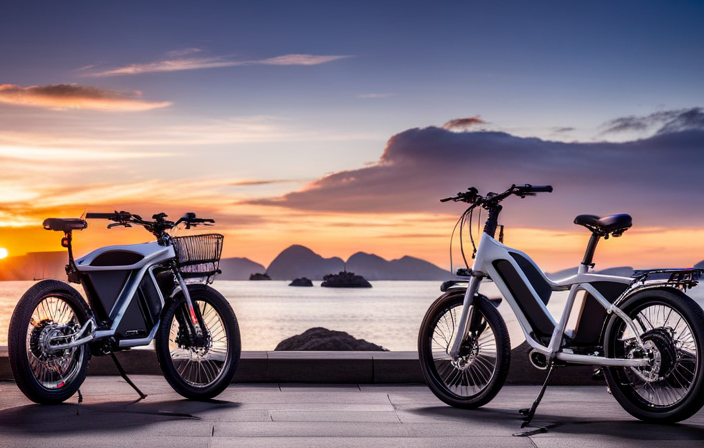 An image showcasing two distinct electric bikes side by side, displaying their sleek designs and highlighting their respective mileage ranges with clear and vibrant battery indicators