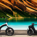 An image showcasing an electric bike gliding effortlessly along a scenic coastal road, surrounded by lush green mountains and a clear blue sky, emphasizing its impressive range and efficiency