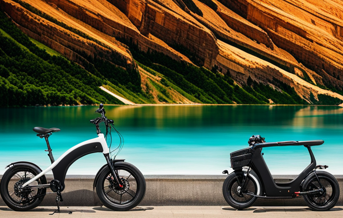 An image showcasing an electric bike gliding effortlessly along a scenic coastal road, surrounded by lush green mountains and a clear blue sky, emphasizing its impressive range and efficiency