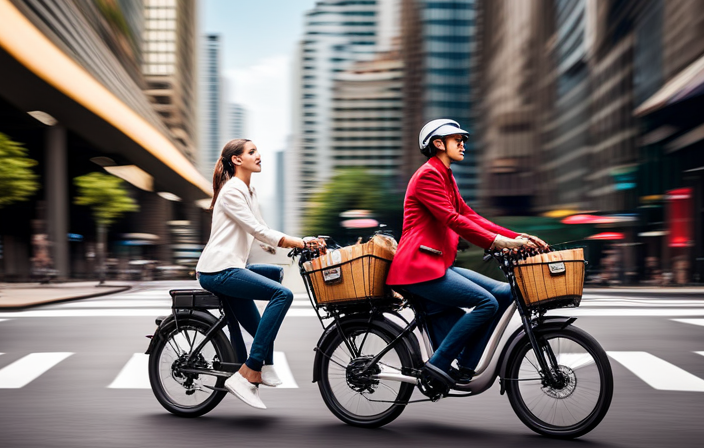 An image showcasing a delivery rider effortlessly zipping through a bustling city on an electric bike, confidently navigating through traffic with a spacious cargo basket at the back, emphasizing efficiency and convenience