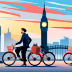 An image showcasing a diverse range of top-rated electric bikes against the backdrop of iconic British landmarks, such as Big Ben, Tower Bridge, and Stonehenge, highlighting their sleek designs and advanced features