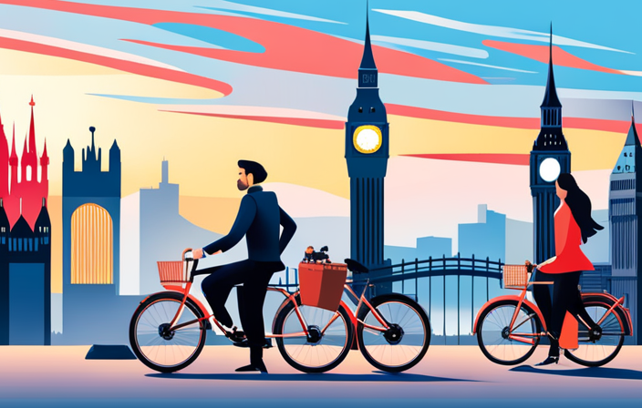 An image showcasing a diverse range of top-rated electric bikes against the backdrop of iconic British landmarks, such as Big Ben, Tower Bridge, and Stonehenge, highlighting their sleek designs and advanced features