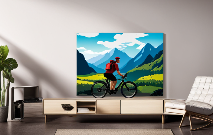 An image showcasing a stunning mountain landscape with a cyclist effortlessly cruising along a scenic trail on an electric bike