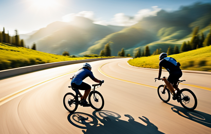 An image showcasing a thrilling race between multiple electric bikes, their sleek frames slicing through the wind as they zoom down a sunlit road, leaving a trail of excitement in their wake