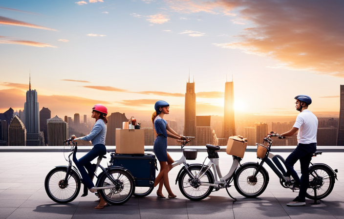 An image showcasing a diverse range of electric bikes, featuring a delivery rider effortlessly navigating through urban streets