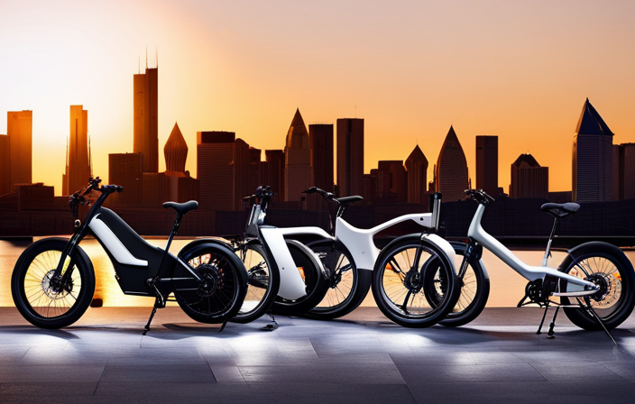 An image showcasing a variety of sleek electric bikes lined up side by side, each with unique features, colors, and designs