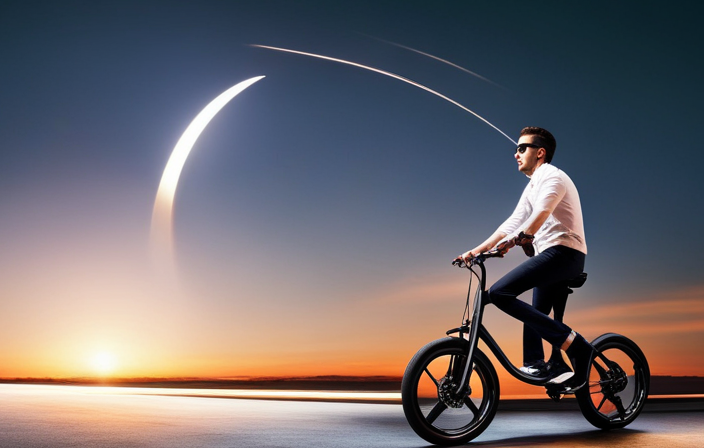 An image showcasing a man effortlessly gliding uphill on a sleek electric bike, with powerful LED headlights illuminating the path ahead, while a group of amazed onlookers admire its futuristic design
