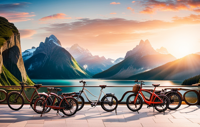 An image showcasing a diverse range of electric bikes lined up against a picturesque backdrop, highlighting their unique features like sleek frames, powerful motors, comfortable seating, and advanced technology