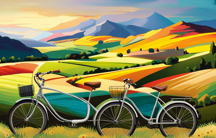 An image showcasing a sleek electric bike gliding through a picturesque countryside, with rolling green hills and vibrant wildflowers in the foreground, capturing the essence of the best electric bikes in the UK