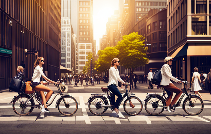 An image showcasing a bustling city street with multiple electric bike models parked along the sidewalk, each with unique features: sleek design, sturdy frames, powerful motors, and vibrant colors, highlighting the diverse options available for potential buyers