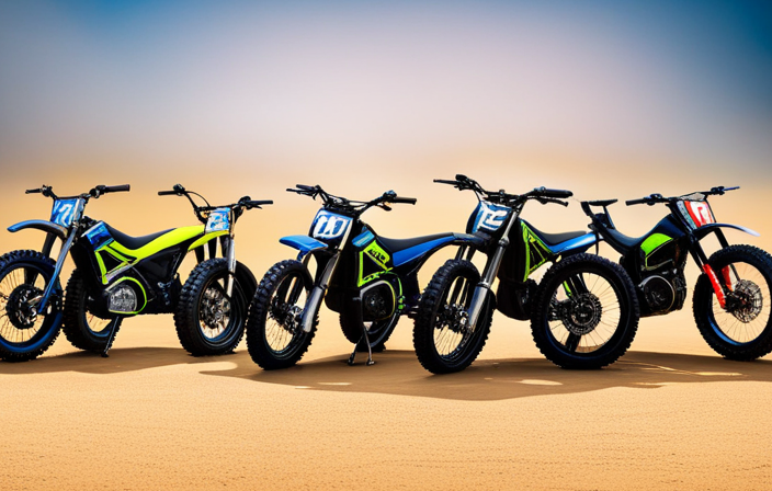 An image showcasing multiple electric dirt bikes lined up in a sun-drenched dirt track, their sleek frames glistening, suspensions compressed, and riders in full gear, ready to tear through the challenging terrain