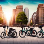 An image showcasing a vibrant city street with a diverse range of folding electric bikes parked neatly on the sidewalk