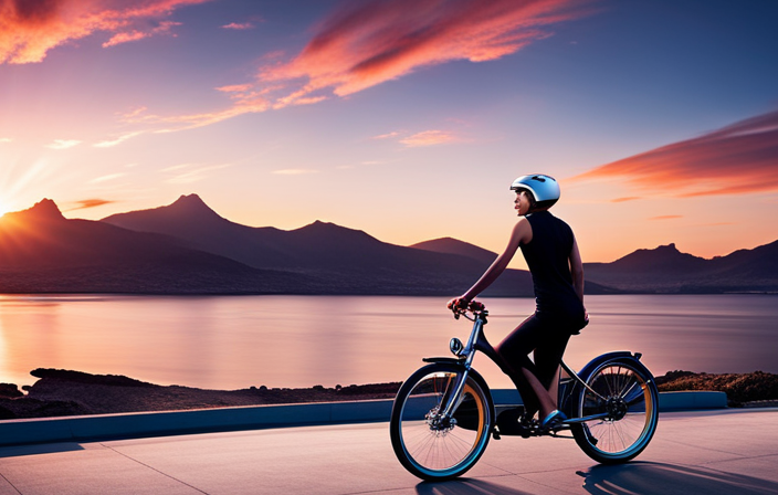An image showing a sleek, futuristic electric bike zooming along a scenic coastal road at sunset