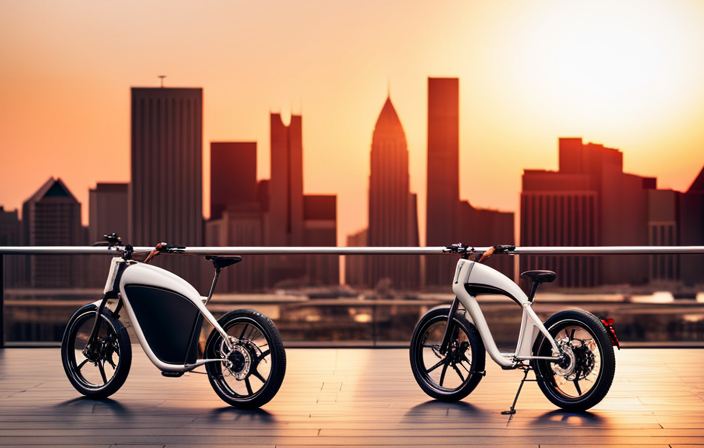 An image showcasing a diverse selection of sleek, modern electric bikes lined up against a vibrant backdrop
