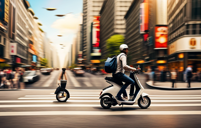 An image showcasing a bustling city street with a rider effortlessly gliding on an electric bike, surrounded by pedestrians in awe, while an electric scooter struggles to keep up in the background