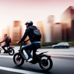 An image showcasing an urban landscape with a rider effortlessly maneuvering through traffic on an electric bike, while another rider with an electric skateboard skillfully glides past, highlighting the debate of which mode of transport is superior