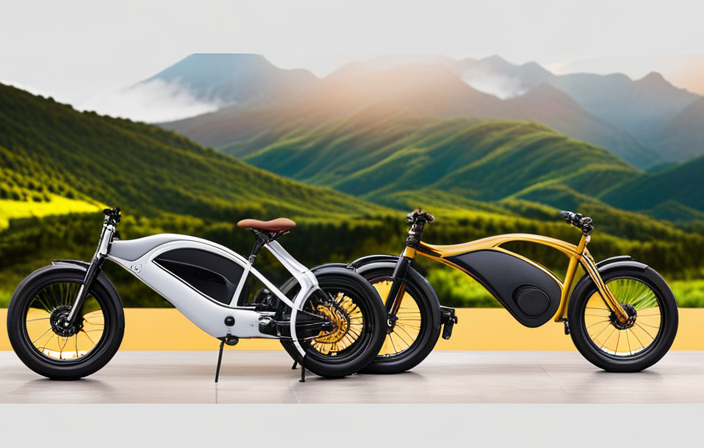 An image showcasing three sleek electric bikes in vibrant colors, lined up against a scenic backdrop of India's lush green hills