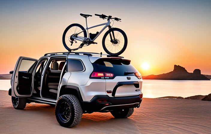 An image showcasing a sturdy, black swing-out bike rack designed specifically for Jeep Cherokee, effortlessly accommodating an electric bike