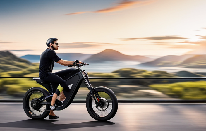 An image showcasing a sleek, high-performance electric bike zooming through a winding mountain trail, with its innovative design and cutting-edge technology evident in every curve and component