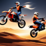 An image depicting a dynamic race between a sleek, gasoline-powered dirt bike and a futuristic electric dirt bike