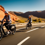 An image showcasing a picturesque, winding mountain road with a diverse range of landscapes, highlighting a group of riders on different models of Rad electric bikes traveling effortlessly, emphasizing the bikes' extended range capabilities