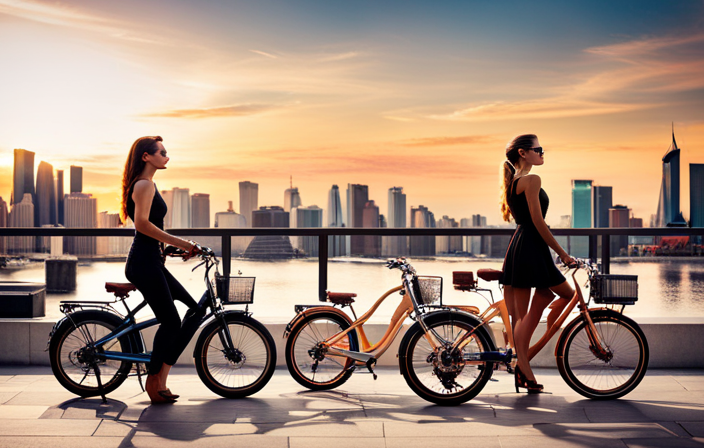 An image showcasing a diverse range of sleek and stylish women's electric bikes lined up side by side, each with unique color palettes, varying frame designs, and modern features, perfectly capturing the essence of individuality and choice